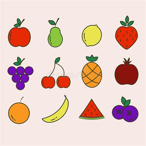 Conjunto De Iconos De Frutas En Colores Brillantes Ilustración Del