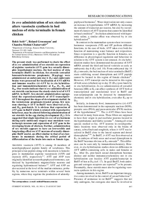 Pdf In Ovo Administration Of Sex Steroids Alters Vasotocin Synthesis In Bed Nucleus Of Stria