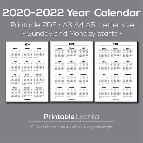 2022 2023 2024 Yearly Calendar Printable Pdf A3 A4 A5 Etsy