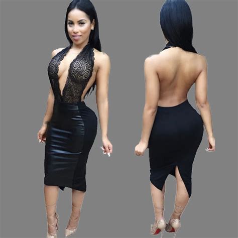 Black Women Sexy Bodycon Dresses Halter Deep V Neck Backless Bandage