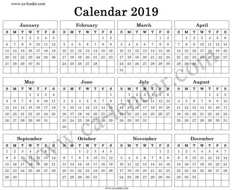 2019 Printable Calendar Templates Pdf Excel Word Free