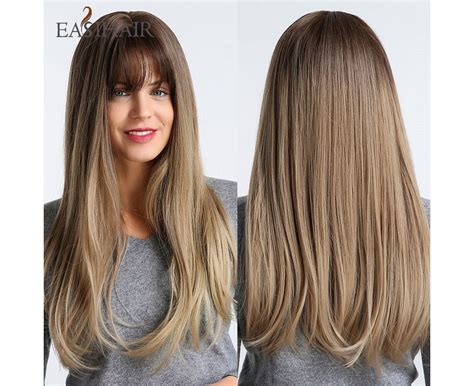 easihair long straight synthetic wigs with bang light platinum blonde natural faker hair for