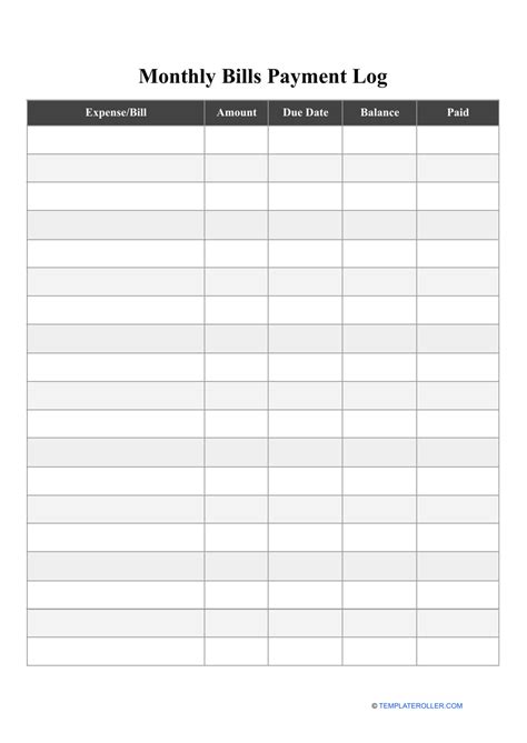 Blank Free Printable Monthly Bill Payment Log
