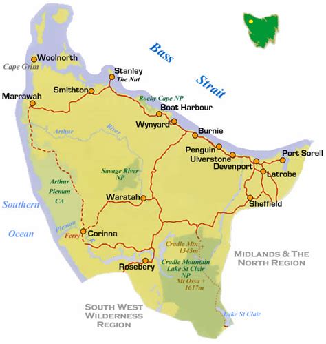 North West Tasmania Road And Region Map