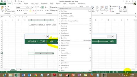 Customize Status Bar In Excel Youtube