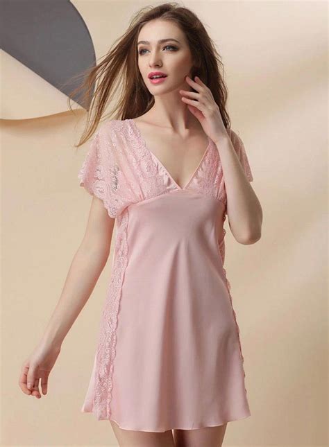 Lace Short Nightgowns Sleepwear Silk Nightgowns For Women V Neck Short Sleeve Lace