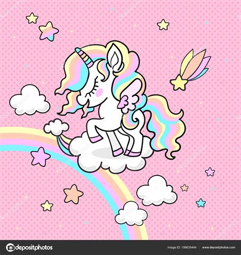 Cute Little Rainbow Unicorn Pink Background Polka Dots Vector