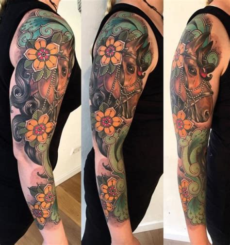 Flower tattoos, flower tattoo, flower tattoos designs, women, girls, men, flowers, floral, meaning, flower tattoos images, tribal, flower tattoos ideas. Arm New School Flower Horse Sleeve Tattoo by Sorry Mom
