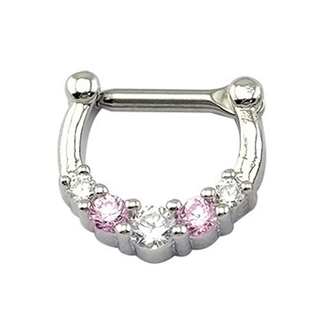 1 Pc Small Septum Piercing 16g 316 Steel Septum Nose Rings Pink With White Cz Crystal Septum