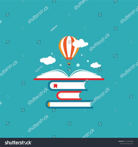 Hot Air Balloon Flying Over Books On Blue Background