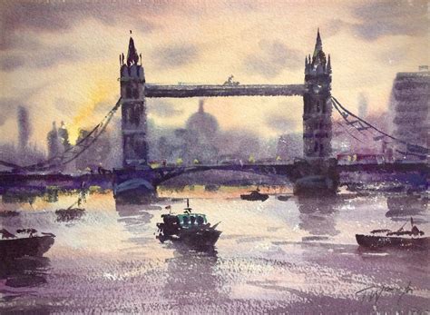 Tower Bridge London Sunset Watercolour By Trevor Waugh