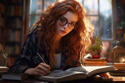 Premium Ai Image A Captivating Girl Donning Glasses Engrossed In A Book Amidst The Tranquil