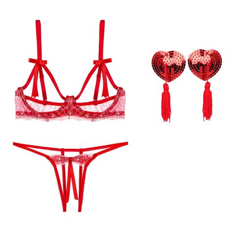 Buy Womens Embroidery Lace Lingerie Set Bare Underwired Bra Briefs Heart Nipples Open Chest