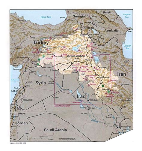 Detailed Map Of Kurdish Lands With Relief And Other Marks 1992