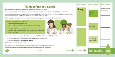 Think Before You Speak Lesson Plan Activity