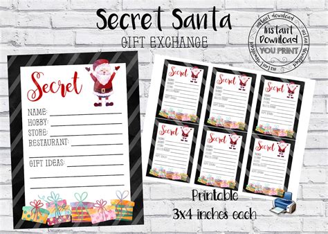 Secret Santa Printable Cards Secret Santa T Exchange Wish Etsy