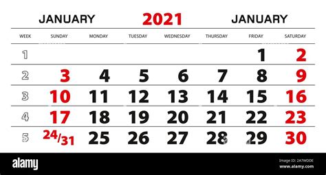Wall Calendar 2021 For January Week Start From Sunday Block Size
