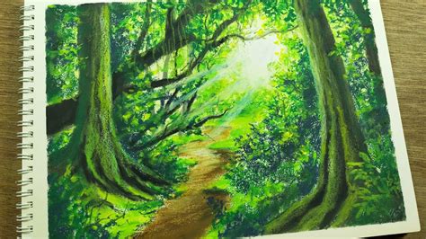 Magical Secret Forest Drawingoil Pastel Drawingshiny Green Forest
