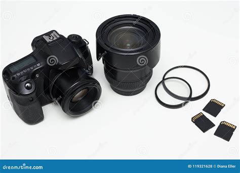 Close Up Of Modern Photography Equipment Over White Stock Photo Image