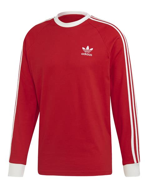 Adidas Originals Mens 3 Stripes Long Sleeve T Shirt Red Life Style