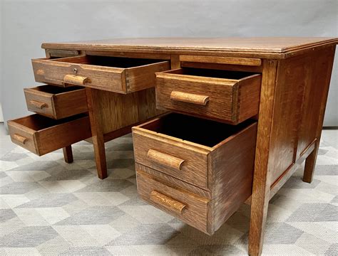 Large Vintage Wooden Desk With Drawers Oak 1950s Design Market