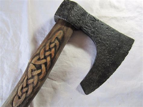 Ancient Viking Bearded Axe With Design 9 10 Cent Carved Handle