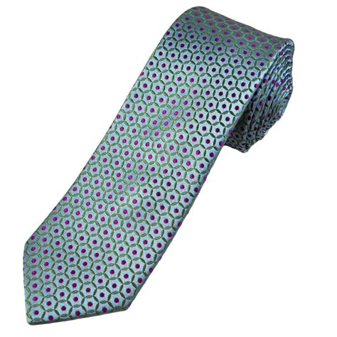 Tresanti Celeste Blue Olive Green And Cerise Pink Circle And Spot Patterned Men S Silk Designer Tie