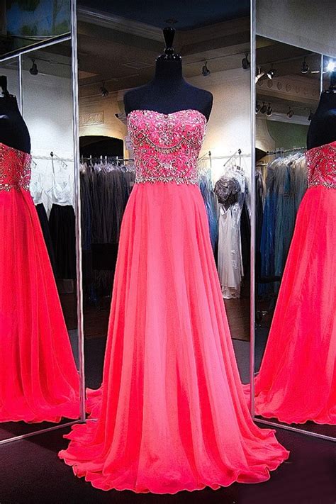 Gorgeous A Line Strapless Long Hot Pink Chiffon Beaded Prom Dress