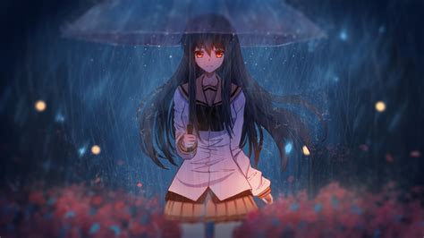 Download Wallpaper X Anime Girl In Rain With Umbrella Art Dual Wide X