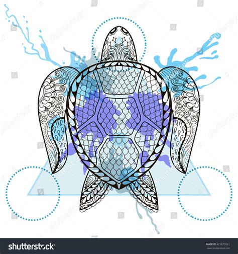 Zentangle Stylized Turtle Triangle Frame Watercolor Stock Illustration