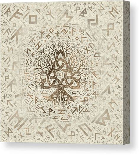 Tree Of Life With Triquetra And Futhark Pastel Gold Canvas Print