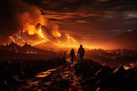 Premium Ai Image Tourists Admire Spectacular Night Volcanic Eruption