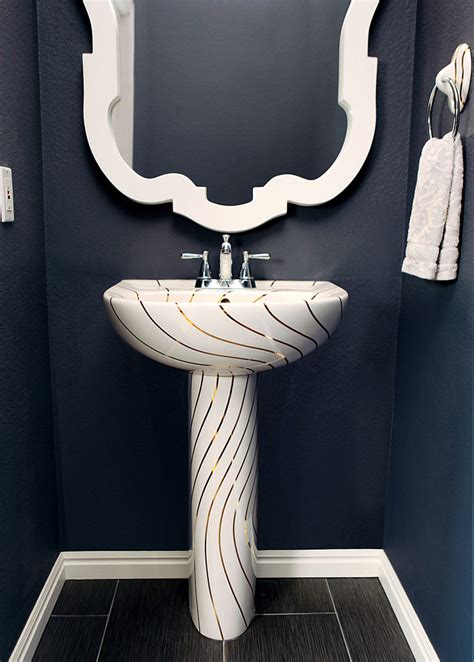 Front View Of The Gold Swirling Lines Pedestal Sink Modern Powder
