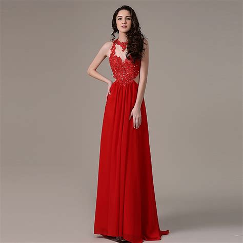 Red Illusion High Neck Sleeveless Formal Prom Gown With Lace Appliques Bodice · Puffgirls