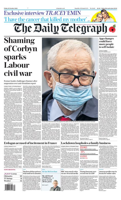 Daily Telegraph Front Page 30th Of October 2020 Tomorrow