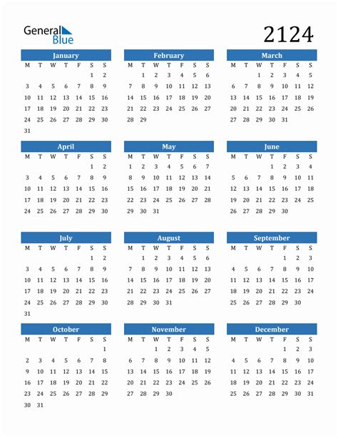 2124 Yearly Calendar