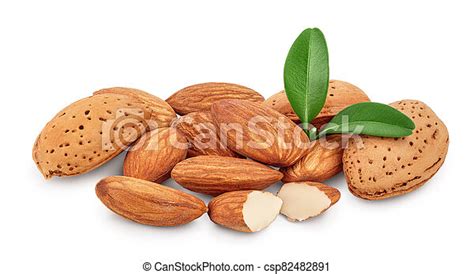 Almonds Nuts With Leaves Isolated On White Background And Full Depth Of