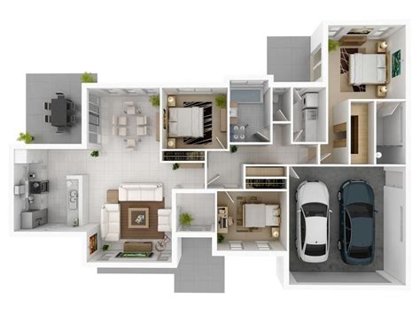 20 Designs Ideas For 3d Apartment Or One Storey Three Bedroom Floor