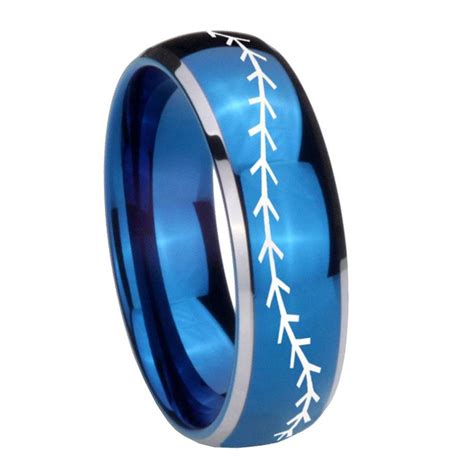 Have a color you prefer or looking for a softball wedding ring? 8mm Baseball Stitch Dome Blue 2 Tone Tungsten Carbide Men's Band Ring - 7 / Blue in 2021 | Mens ...