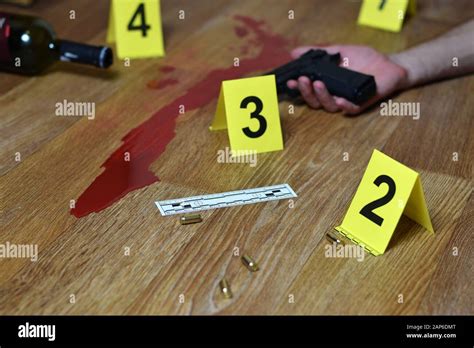 Bloody Crime Scene With Dead Body And Gun On Floor Many Crime Scene