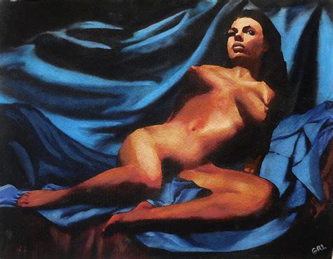 Fine Art Nude Multimedia Painting Tanya Sitting Reclined On Blue Painting By G Linsenmayer