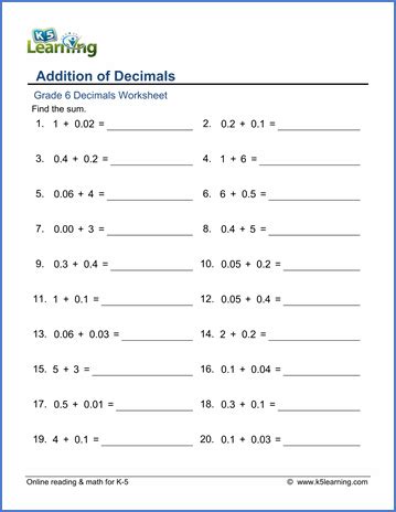 Advance decimal multiplication included for middle grade students. Grade 6 Decimals Worksheet addition of decimals | 2nd grade worksheets, Mathematics worksheets ...