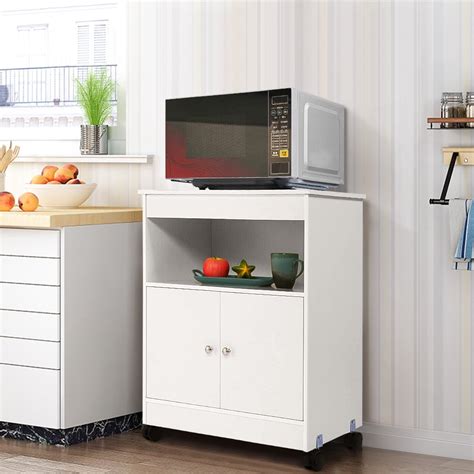 White Wood Storage Cabinet Microwave Cart With 2 Doors 4 Casters For