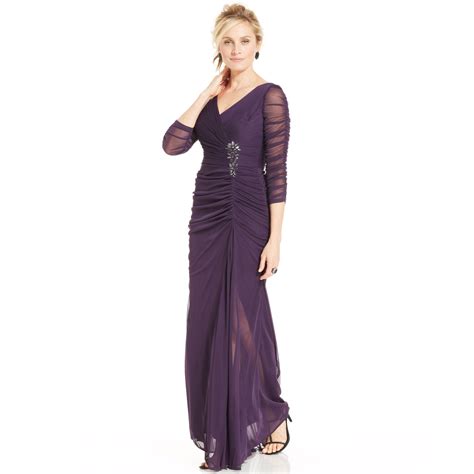 Lyst Adrianna Papell Threequartersleeve Ruched Gown In Purple