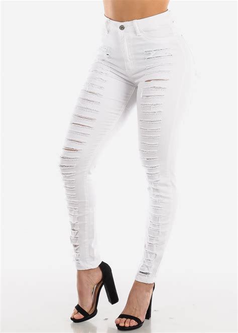 Moda Xpress Womens Skinny Jeans High Waisted Distressed Torn White