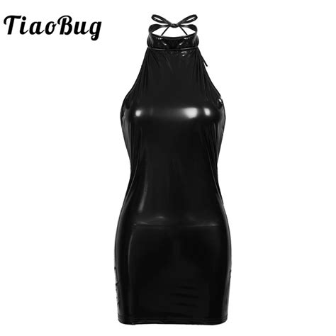 Women Smooth Patent Leather Halter Sleeveless Low Back Bodycon Tight Mini Dress Night Club Party