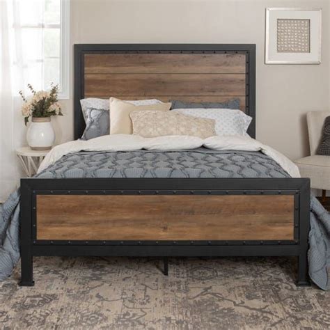 Industrial Rustic Oak Wood And Metal Queen Bed With Images Industrial
