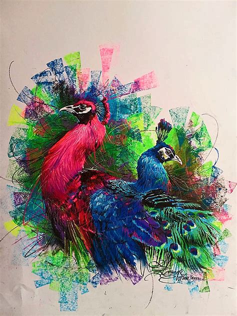 Pair Of Peacock Oil Pastels On Paper Exotic India Art