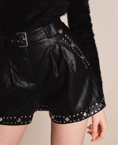 Faux Leather Shorts With Studs Woman Black Twinset Milano