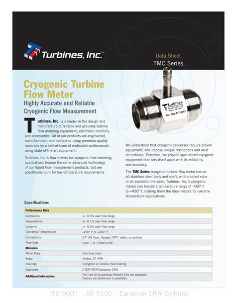 Pdf Cryogenic Turbine Flow Meter Turbines Sheet Tmc Series